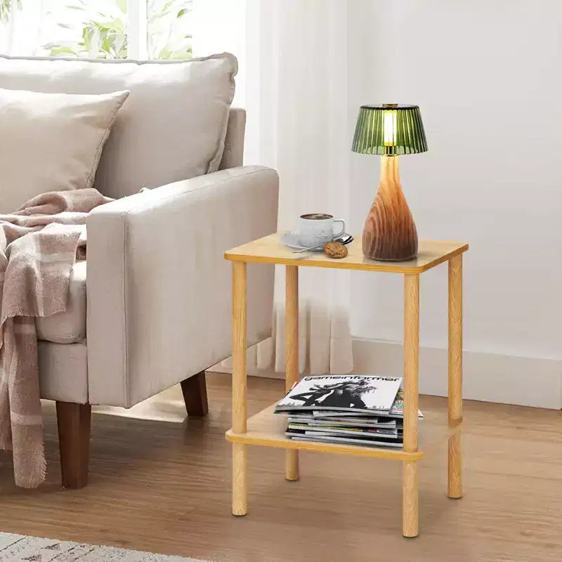 Tavolino finale Boho a 2 livelli con ripiano portaoggetti, perfetto per piccoli spazi