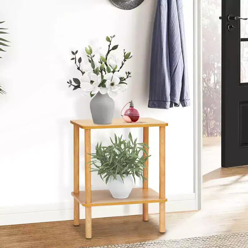 Tavolino finale Boho a 2 livelli con ripiano portaoggetti, perfetto per piccoli spazi