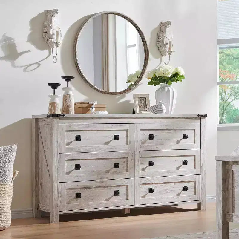 Cassettiera da Fattoria a 6 Cassetti, Comò Ampio in Legno Rustico da 137 cm, Cassettiere Contenitore per Camera da Letto, Soggiorno, Ingresso, Grigio