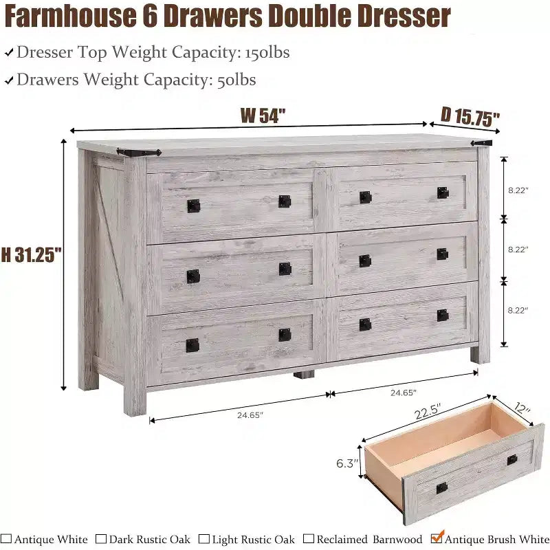 Cassettiera da Fattoria a 6 Cassetti, Comò Ampio in Legno Rustico da 137 cm, Cassettiere Contenitore per Camera da Letto, Soggiorno, Ingresso, Grigio
