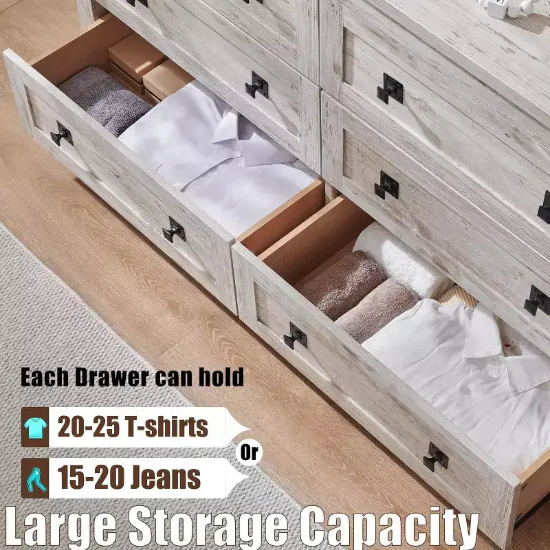 Cassettiera da Fattoria a 6 Cassetti, Comò Ampio in Legno Rustico da 137 cm, Cassettiere Contenitore per Camera da Letto, Soggiorno, Ingresso, Grigio