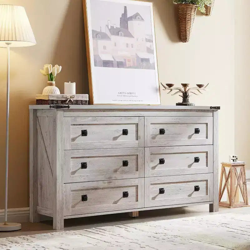 Cassettiera da Fattoria a 6 Cassetti, Comò Ampio in Legno Rustico da 137 cm, Cassettiere Contenitore per Camera da Letto, Soggiorno, Ingresso, Grigio