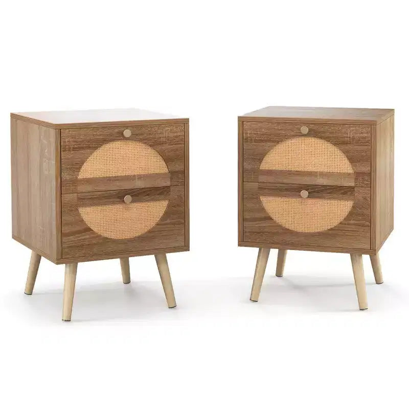 Comodino in Rattan da 2 Pezzi con 2 Cassetti, Gambe in Legno Massello, Tavolino da Caffè Compatto in Legno