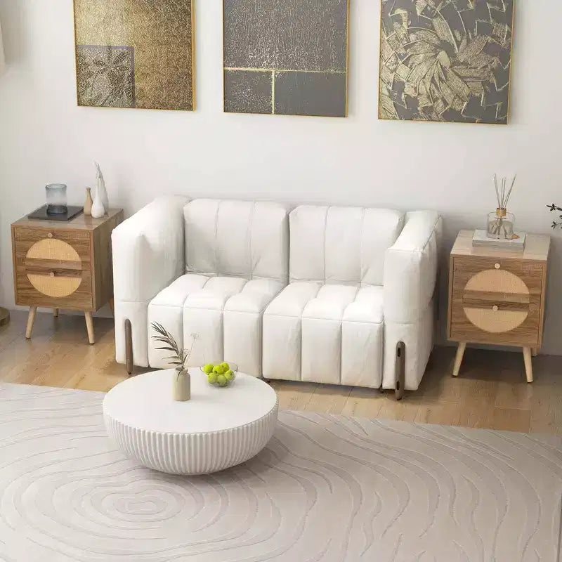 Comodino in Rattan da 2 Pezzi con 2 Cassetti, Gambe in Legno Massello, Tavolino da Caffè Compatto in Legno