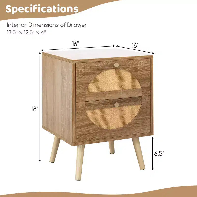Comodino in Rattan da 2 Pezzi con 2 Cassetti, Gambe in Legno Massello, Tavolino da Caffè Compatto in Legno