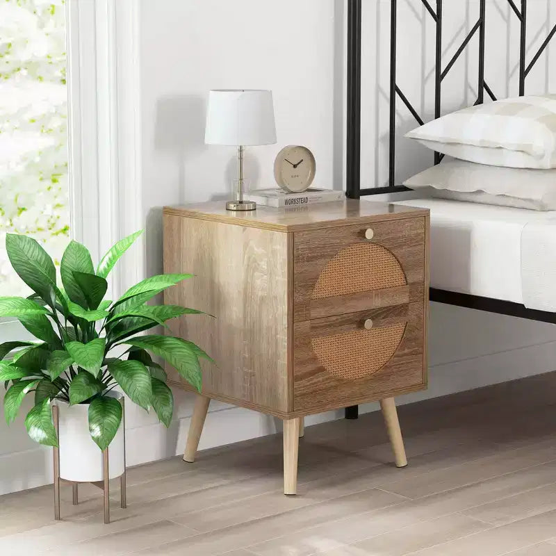 Comodino in Rattan da 2 Pezzi con 2 Cassetti, Gambe in Legno Massello, Tavolino da Caffè Compatto in Legno