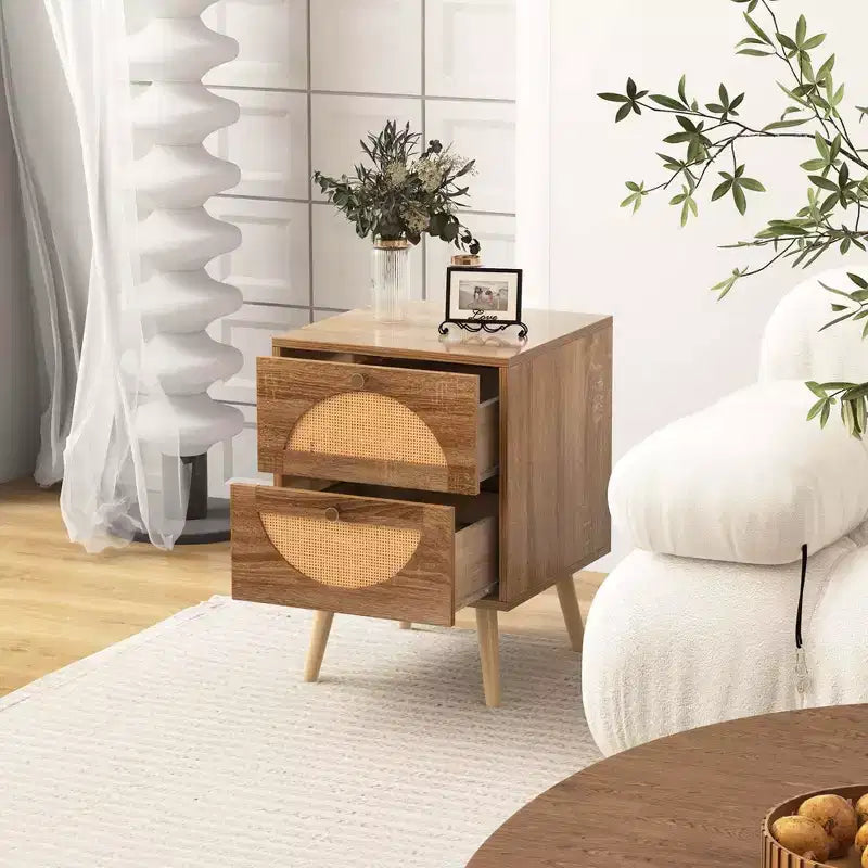 Comodino in Rattan da 2 Pezzi con 2 Cassetti, Gambe in Legno Massello, Tavolino da Caffè Compatto in Legno