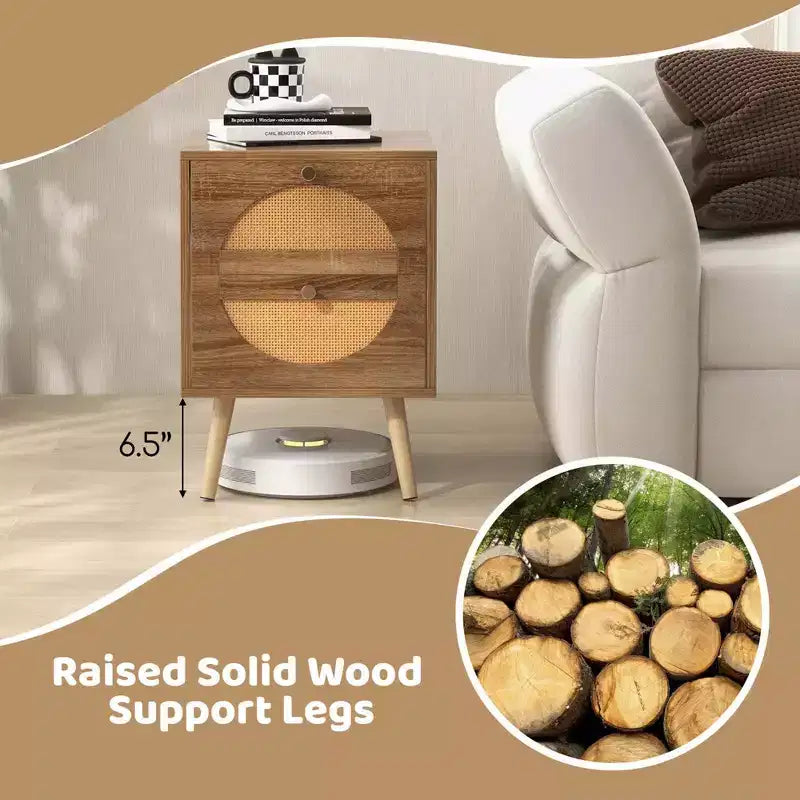 Comodino in Rattan da 2 Pezzi con 2 Cassetti, Gambe in Legno Massello, Tavolino da Caffè Compatto in Legno