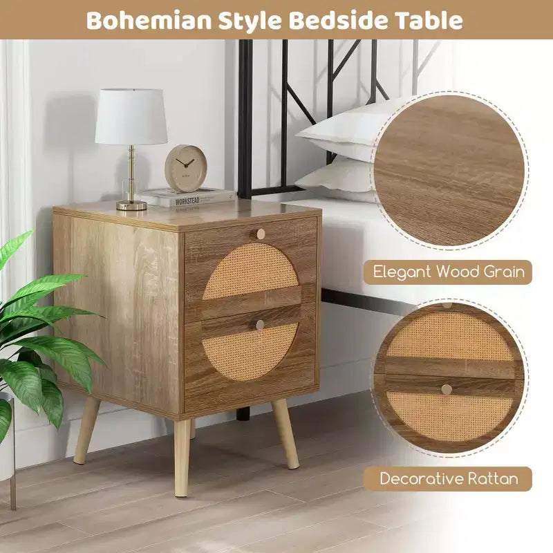 Comodino in Rattan da 2 Pezzi con 2 Cassetti, Gambe in Legno Massello, Tavolino da Caffè Compatto in Legno