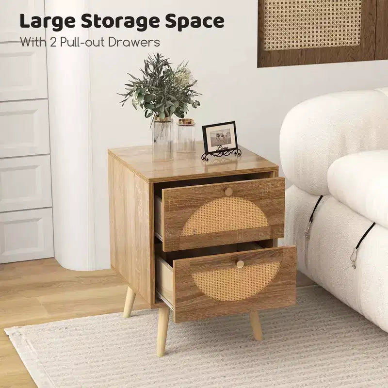 Comodino in Rattan da 2 Pezzi con 2 Cassetti, Gambe in Legno Massello, Tavolino da Caffè Compatto in Legno