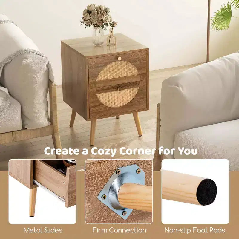 Comodino in Rattan da 2 Pezzi con 2 Cassetti, Gambe in Legno Massello, Tavolino da Caffè Compatto in Legno