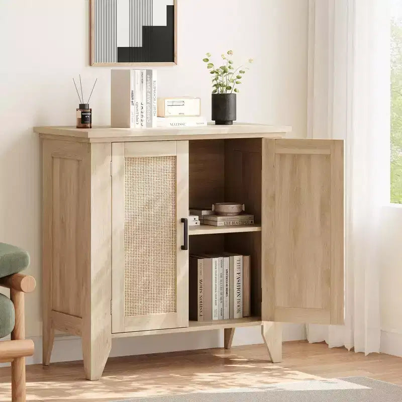 Mobile Buffet, Credenza Contenitore in Rattan con Ante e Ripiani, Mobile d'Accento Consolle in Legno
