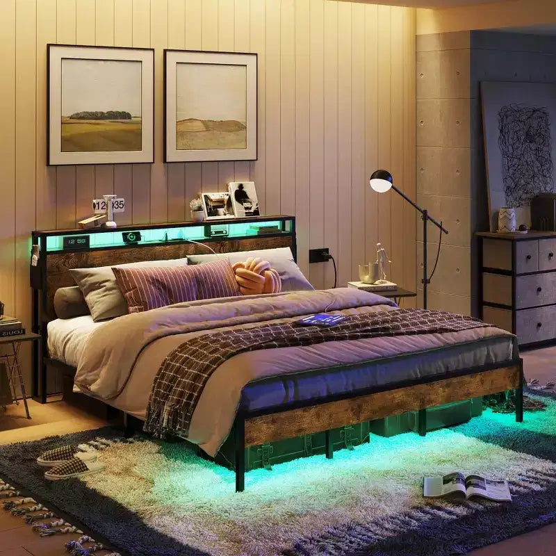 Bestier Letto Matrimoniale King Size, Struttura Letto in Metallo con Testiera in Legno con Spazio di Archiviazione, Luci a LED e Stazione di Ricarica