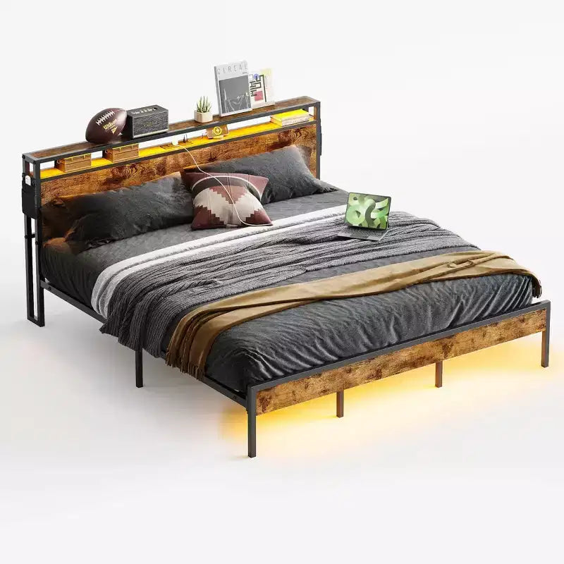 Bestier Letto Matrimoniale King Size, Struttura Letto in Metallo con Testiera in Legno con Spazio di Archiviazione, Luci a LED e Stazione di Ricarica