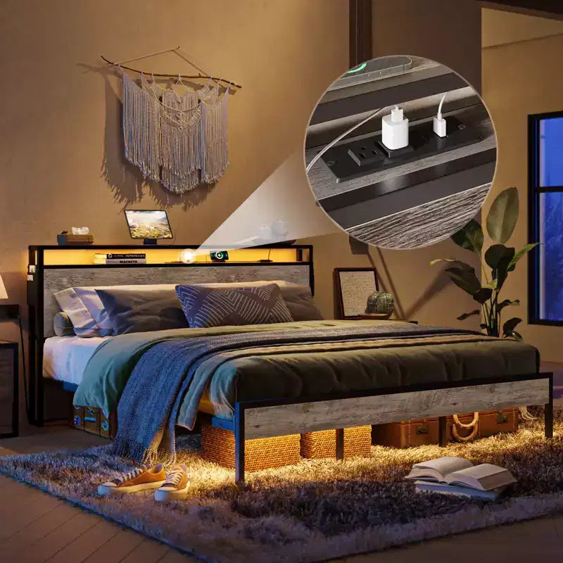 Bestier Letto Matrimoniale King Size, Struttura Letto in Metallo con Testiera in Legno con Spazio di Archiviazione, Luci a LED e Stazione di Ricarica
