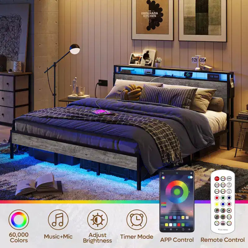 Bestier Letto Matrimoniale King Size, Struttura Letto in Metallo con Testiera in Legno con Spazio di Archiviazione, Luci a LED e Stazione di Ricarica