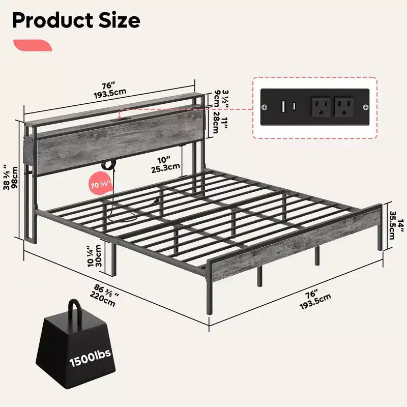 Bestier Letto Matrimoniale King Size, Struttura Letto in Metallo con Testiera in Legno con Spazio di Archiviazione, Luci a LED e Stazione di Ricarica