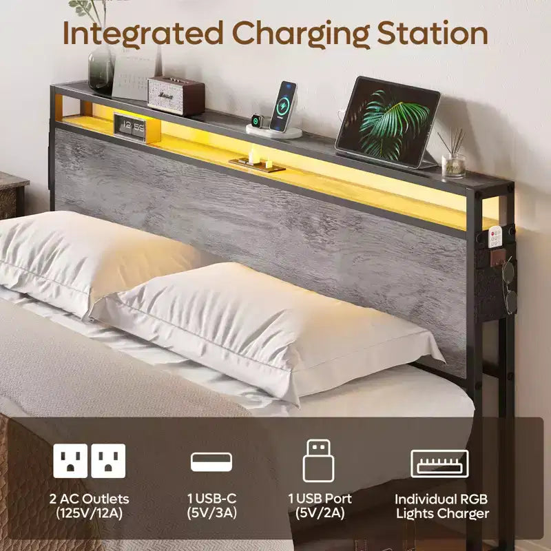 Bestier Letto Matrimoniale King Size, Struttura Letto in Metallo con Testiera in Legno con Spazio di Archiviazione, Luci a LED e Stazione di Ricarica
