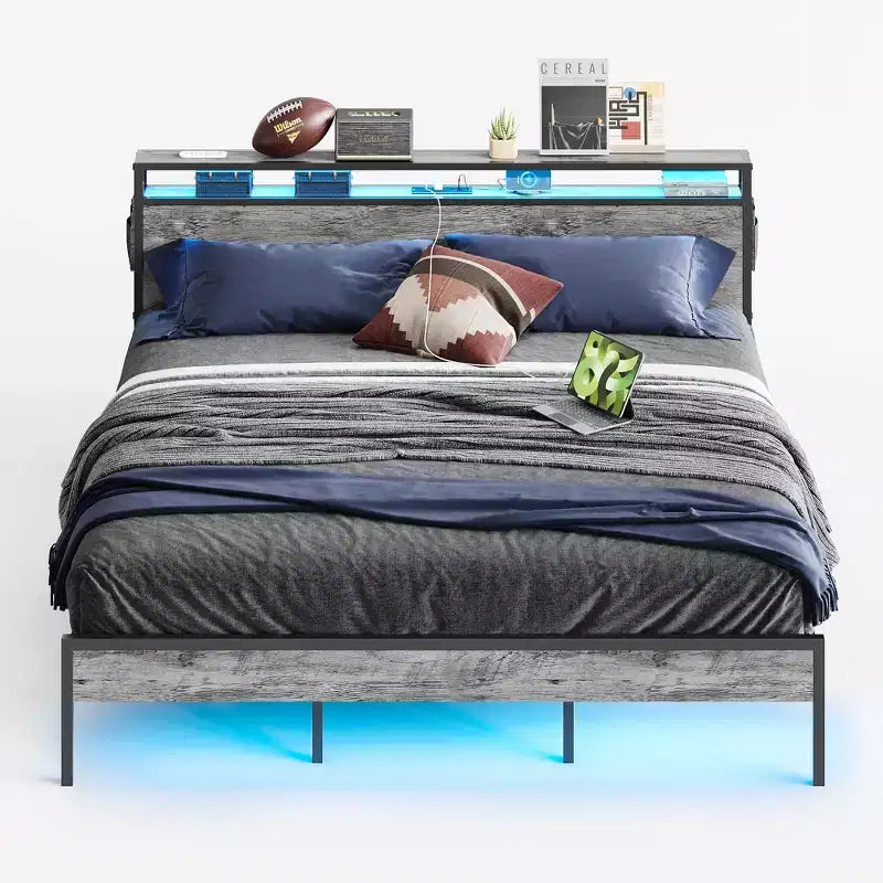 Bestier Letto Matrimoniale King Size, Struttura Letto in Metallo con Testiera in Legno con Spazio di Archiviazione, Luci a LED e Stazione di Ricarica