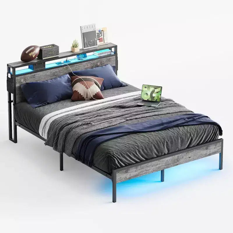 Bestier Letto Matrimoniale King Size, Struttura Letto in Metallo con Testiera in Legno con Spazio di Archiviazione, Luci a LED e Stazione di Ricarica
