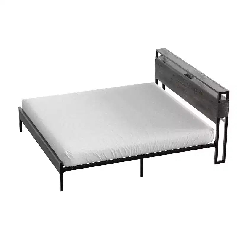 Bestier Letto Matrimoniale King Size, Struttura Letto in Metallo con Testiera in Legno con Spazio di Archiviazione, Luci a LED e Stazione di Ricarica