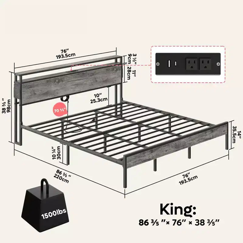 Bestier Letto Matrimoniale King Size, Struttura Letto in Metallo con Testiera in Legno con Spazio di Archiviazione, Luci a LED e Stazione di Ricarica