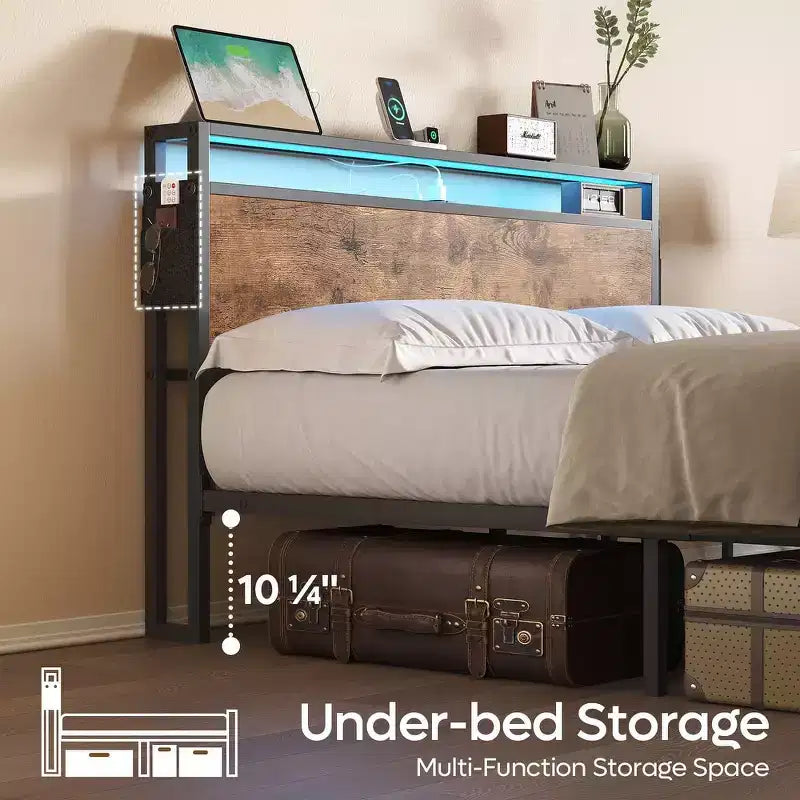 Bestier Letto Matrimoniale King Size, Struttura Letto in Metallo con Testiera in Legno con Spazio di Archiviazione, Luci a LED e Stazione di Ricarica
