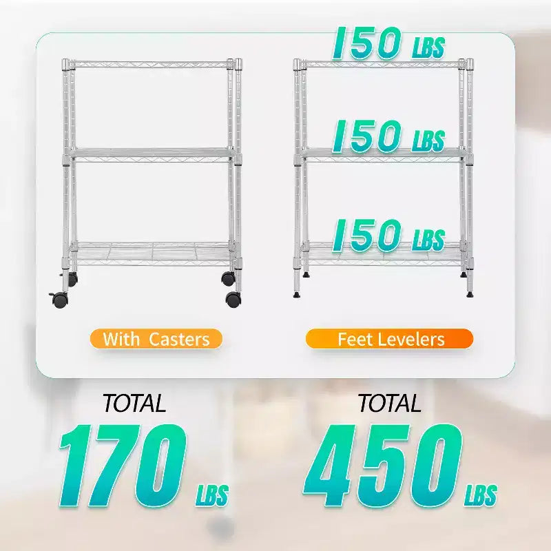 Scaffale a 3 ripiani in filo metallico BestMassage, mobiletto portaoggetti per dispensa con certificazione NSF e ruote, design salvaspazio, piedini regolabili