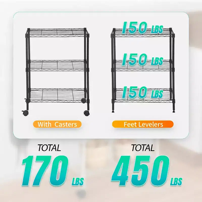Scaffale a 3 ripiani in filo metallico BestMassage, mobiletto portaoggetti per dispensa con certificazione NSF e ruote, design salvaspazio, piedini regolabili