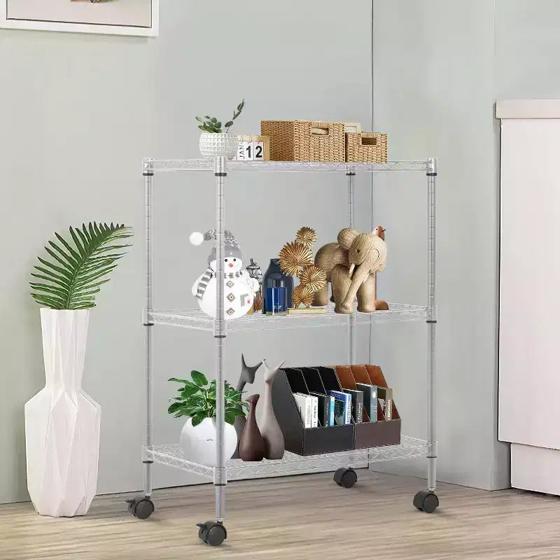 Scaffale a 3 ripiani in filo metallico BestMassage, mobiletto portaoggetti per dispensa con certificazione NSF e ruote, design salvaspazio, piedini regolabili