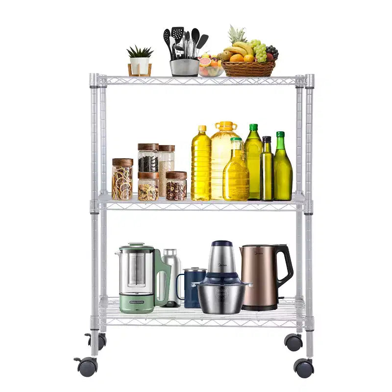 Scaffale a 3 ripiani in filo metallico BestMassage, mobiletto portaoggetti per dispensa con certificazione NSF e ruote, design salvaspazio, piedini regolabili