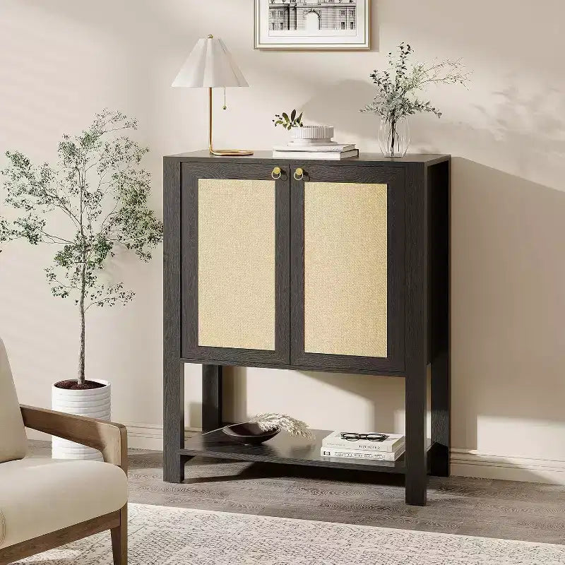 Scarpiera in Rattan per Ingresso, Scarpiera Stretta in Stile Rustico a 5 Ripiani con 2 Ante e Ripiano Aperto per Corridoio Salotto
