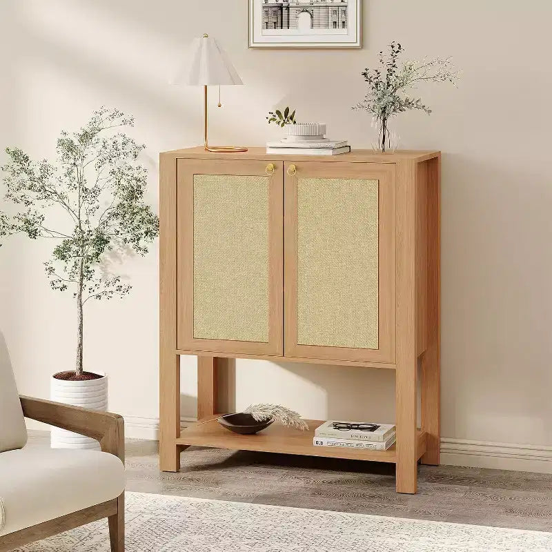 Scarpiera in Rattan per Ingresso, Scarpiera Stretta in Stile Rustico a 5 Ripiani con 2 Ante e Ripiano Aperto per Corridoio Salotto
