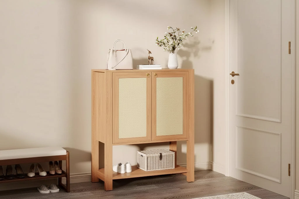 Rattan Shoe Cabinet for Entryway, 5-Tier Farmhouse Organizer Rack Narrow Shoe Storage Cabinet with 2 Doors and Open Shelf for Hallway Living Room