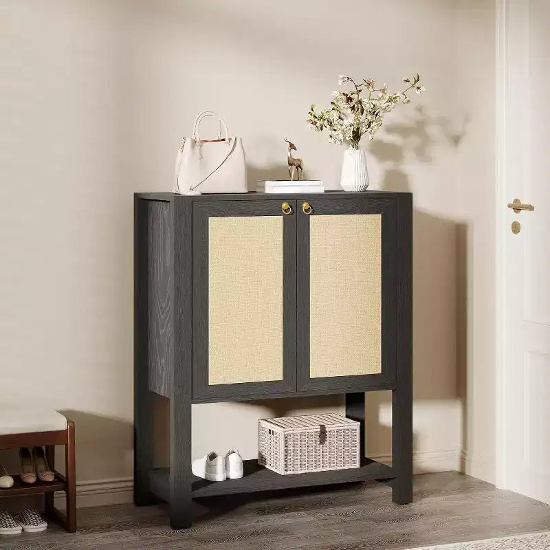 Scarpiera in Rattan per Ingresso, Scarpiera Stretta in Stile Rustico a 5 Ripiani con 2 Ante e Ripiano Aperto per Corridoio Salotto
