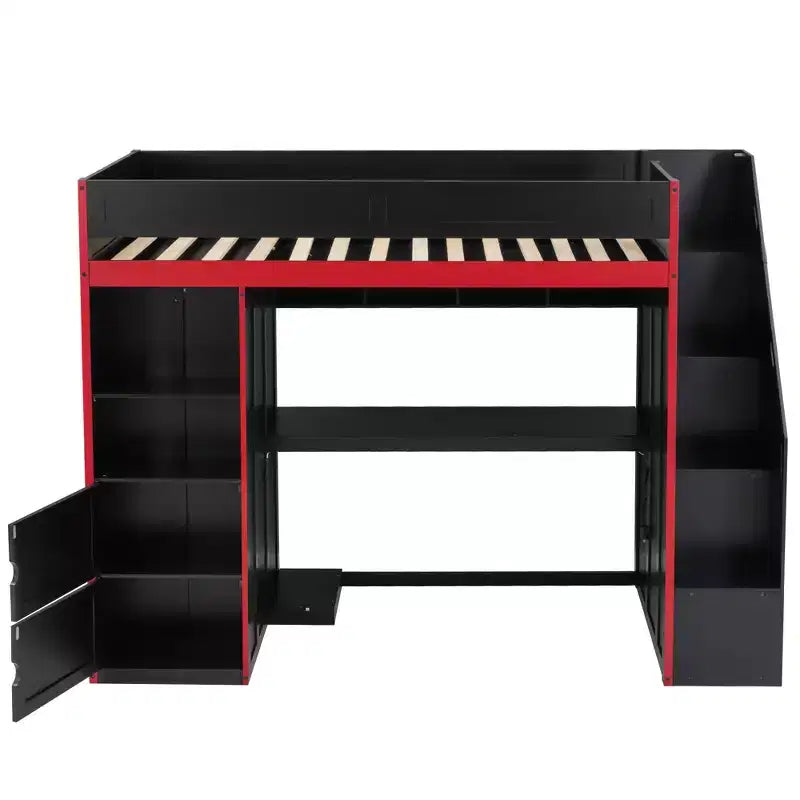 Letto a soppalco da gaming Twin/Full Size con scrivania e scale contenitore, letto a soppalco in legno massiccio con luci a LED, armadio e mensole, letto da gaming salvaspazio
