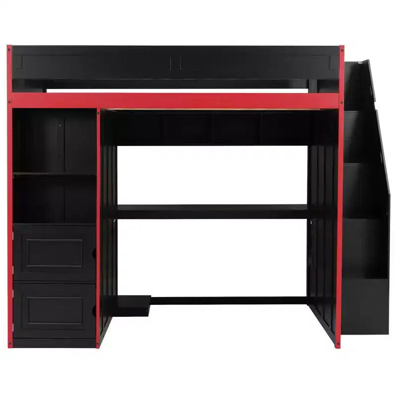 Letto a soppalco da gaming Twin/Full Size con scrivania e scale contenitore, letto a soppalco in legno massiccio con luci a LED, armadio e mensole, letto da gaming salvaspazio
