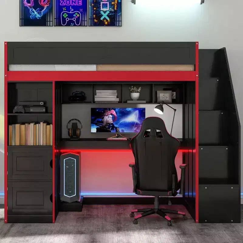 Letto a soppalco da gaming Twin/Full Size con scrivania e scale contenitore, letto a soppalco in legno massiccio con luci a LED, armadio e mensole, letto da gaming salvaspazio