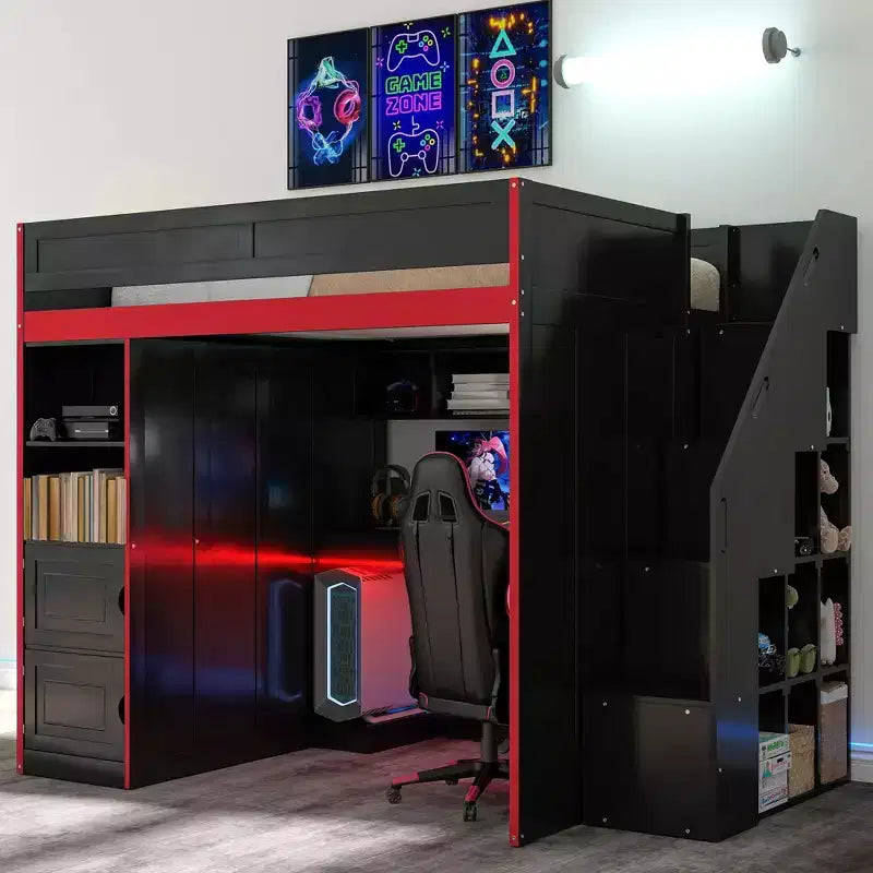Letto a soppalco da gaming Twin/Full Size con scrivania e scale contenitore, letto a soppalco in legno massiccio con luci a LED, armadio e mensole, letto da gaming salvaspazio
