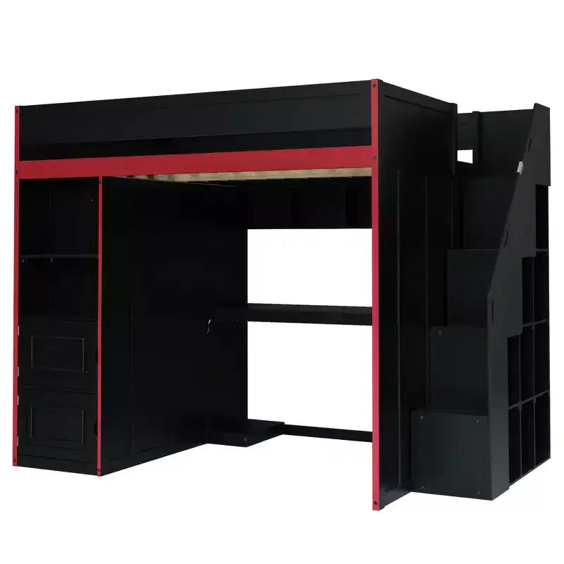 Letto a soppalco da gaming Twin/Full Size con scrivania e scale contenitore, letto a soppalco in legno massiccio con luci a LED, armadio e mensole, letto da gaming salvaspazio