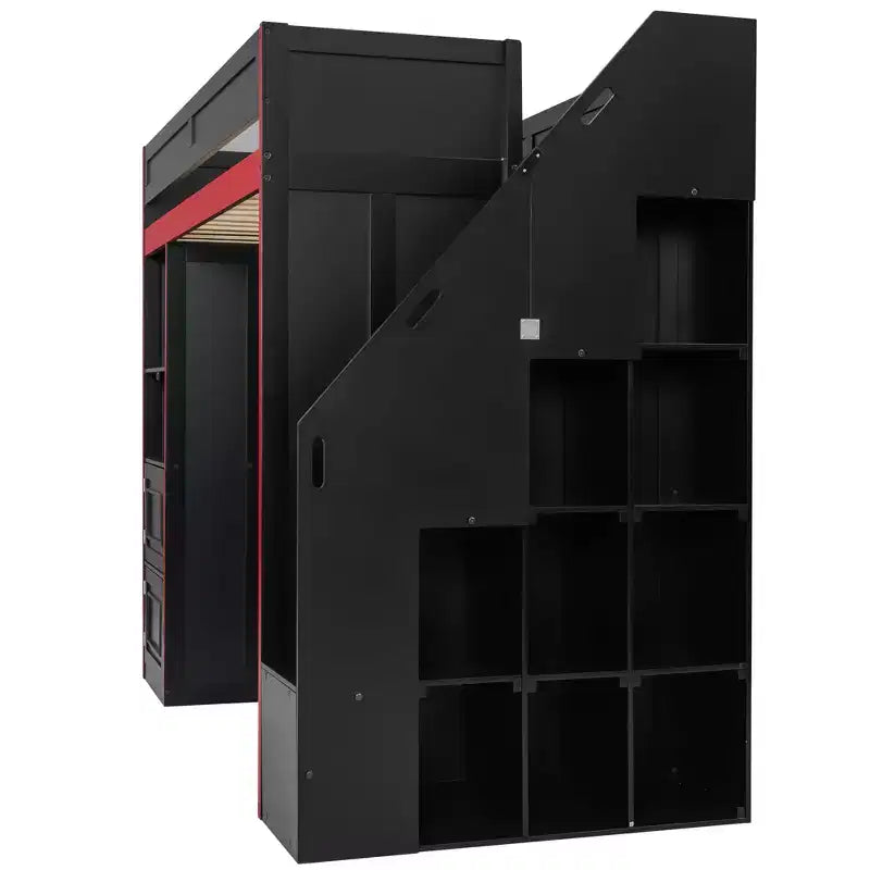 Letto a soppalco da gaming Twin/Full Size con scrivania e scale contenitore, letto a soppalco in legno massiccio con luci a LED, armadio e mensole, letto da gaming salvaspazio