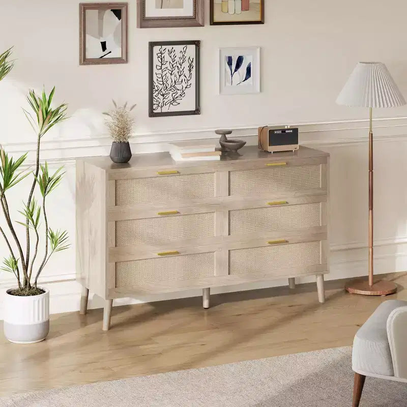 Comò a 6 cassetti in rattan con maniglie in metallo dorato, cassettiera in stile rustico con 5 gambe robuste per camera da letto, soggiorno, corridoio e ingresso