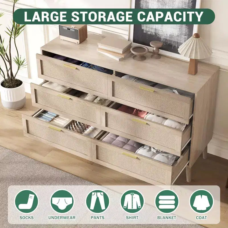 Comò a 6 cassetti in rattan con maniglie in metallo dorato, cassettiera in stile rustico con 5 gambe robuste per camera da letto, soggiorno, corridoio e ingresso