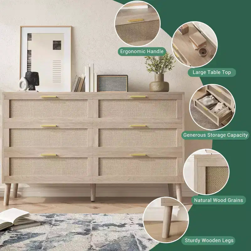 Comò a 6 cassetti in rattan con maniglie in metallo dorato, cassettiera in stile rustico con 5 gambe robuste per camera da letto, soggiorno, corridoio e ingresso