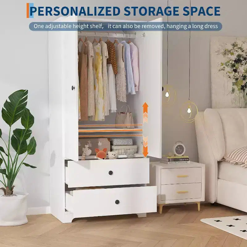 Armadio Guardaroba, Mobile Contenitore per Abiti in Legno da 71", 1 Ripiano Regolabile e 2 Cassetti, Armadio con Asta Appendipe per Camera da Letto