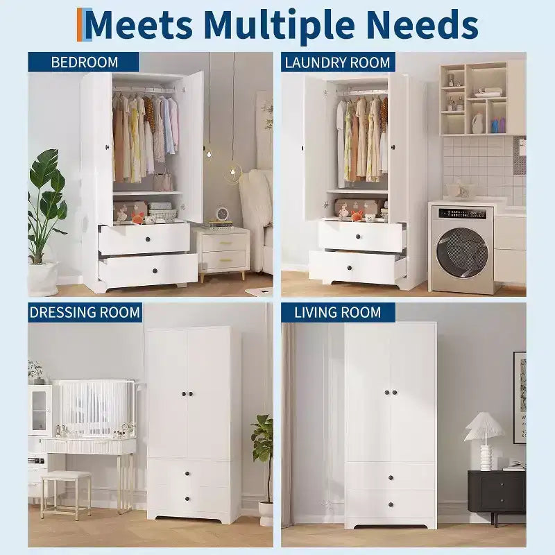 Armadio Guardaroba, Mobile Contenitore per Abiti in Legno da 71", 1 Ripiano Regolabile e 2 Cassetti, Armadio con Asta Appendipe per Camera da Letto