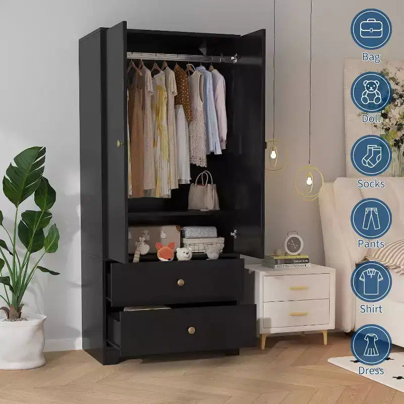 Armadio Guardaroba, Mobile Contenitore per Abiti in Legno da 71", 1 Ripiano Regolabile e 2 Cassetti, Armadio con Asta Appendipe per Camera da Letto