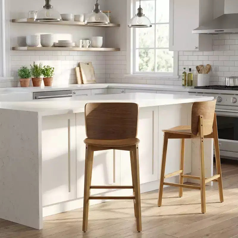 Set di 2 sgabelli da bar in legno, struttura in legno di gomma con schienale ergonomico curvo per isola cucina e home bar, Noce125