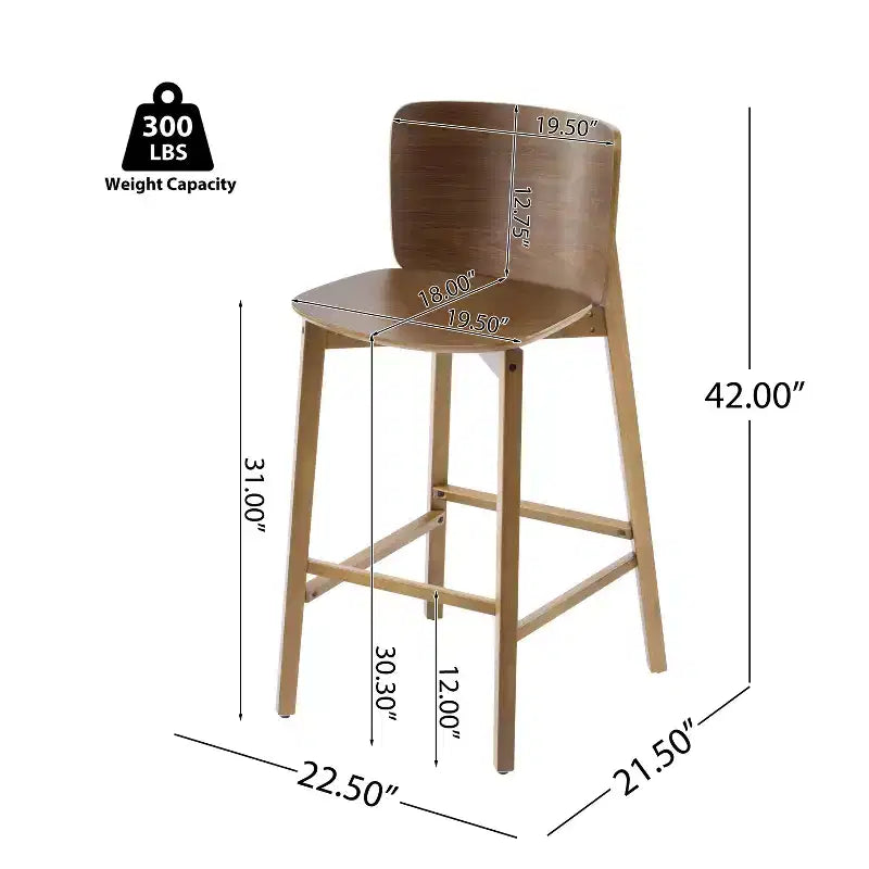 Set di 2 sgabelli da bar in legno, struttura in legno di gomma con schienale ergonomico curvo per isola cucina e home bar, Noce125