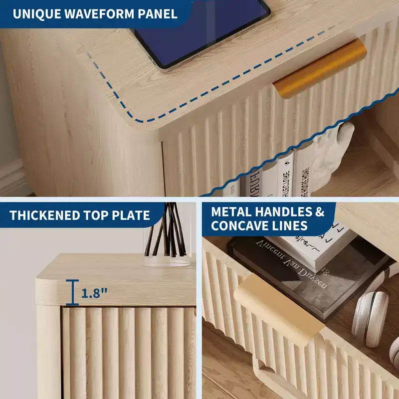 Comodini Scanalati Set da 2, Tavolini da Notte Stile Farmhouse con Stazione di Ricarica e 1 Cassetto Contenitore (Moderno di Metà Secolo)